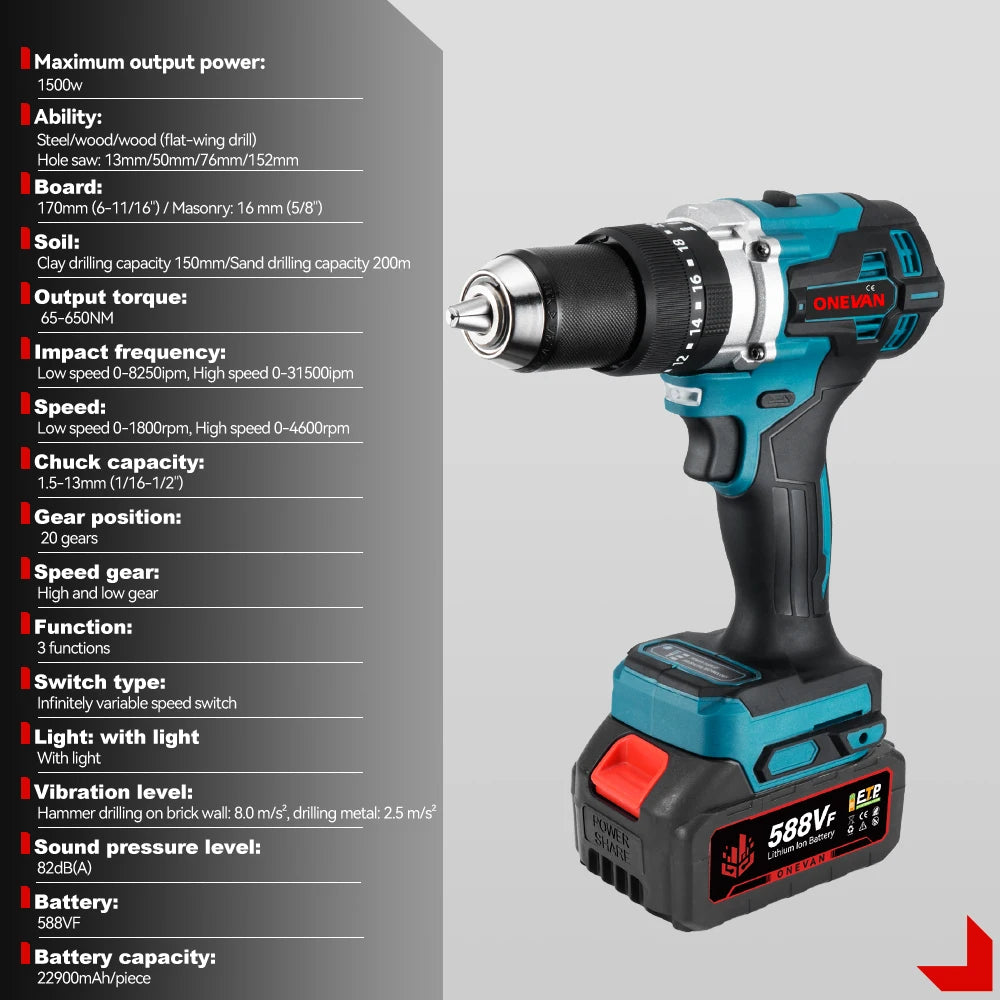 ONEVAN 13MM 650N.M Brushless Electric Impact Drill 20+3 Torque Electric Hammer Drill Power Tool For Makita 18V Battery Pin