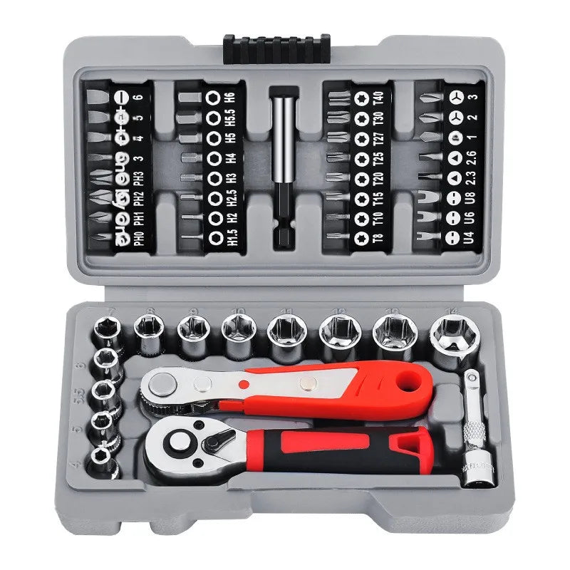 13-48pcs Socket Set Wrench Auto Repair Tool Mixed Tool Set Hand Tool Kit with Plastic Toolbox Storage Case for Home Garage