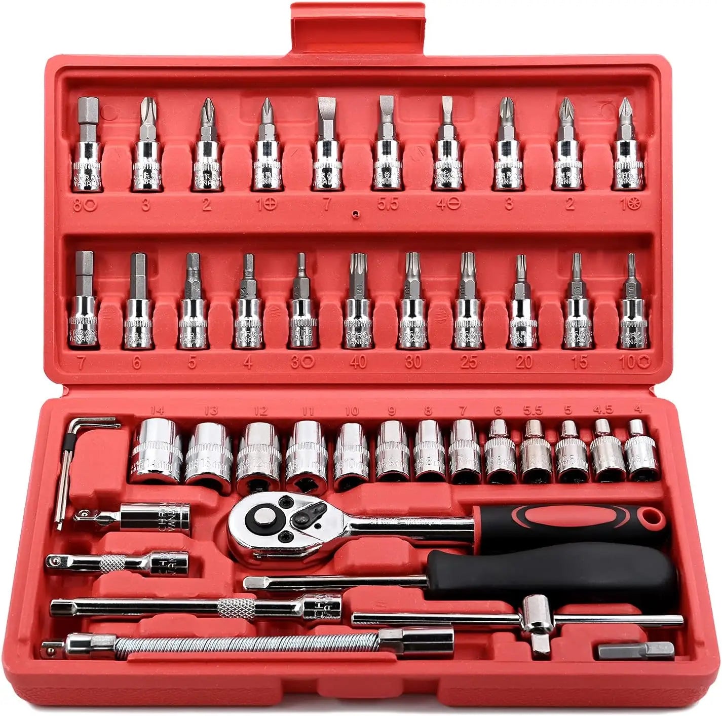 FOCSE 46 Pieces 1/4 Inch Drive Socket Ratchet Wrench Set, With Bit Socket Set, Metric And Extension Bar For Auto Repairing