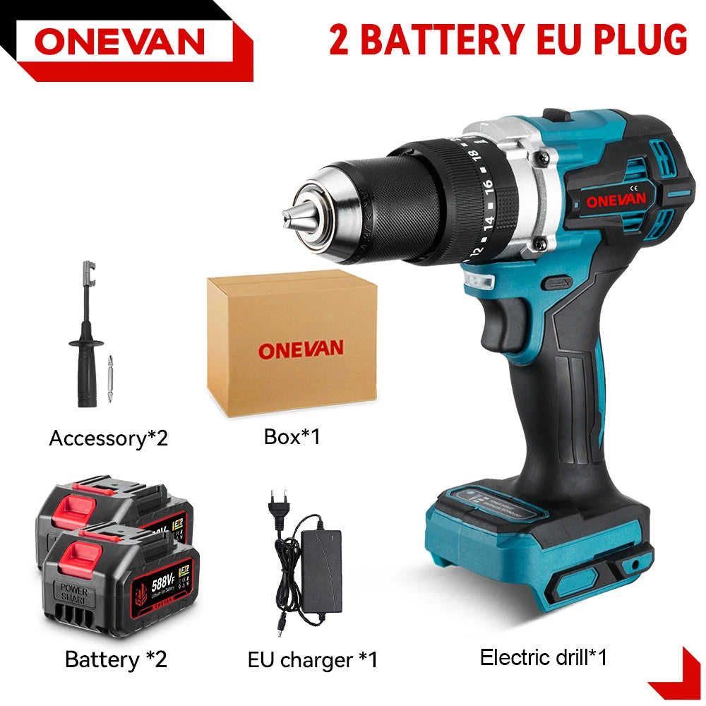 ONEVAN 13MM 650N.M Brushless Electric Impact Drill 20+3 Torque Electric Hammer Drill Power Tool For Makita 18V Battery Pin