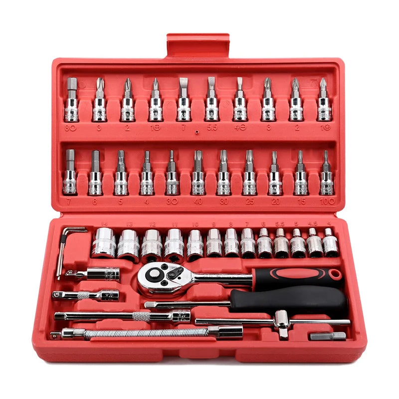 FOCSE 46 Pieces 1/4 Inch Drive Socket Ratchet Wrench Set, With Bit Socket Set, Metric And Extension Bar For Auto Repairing