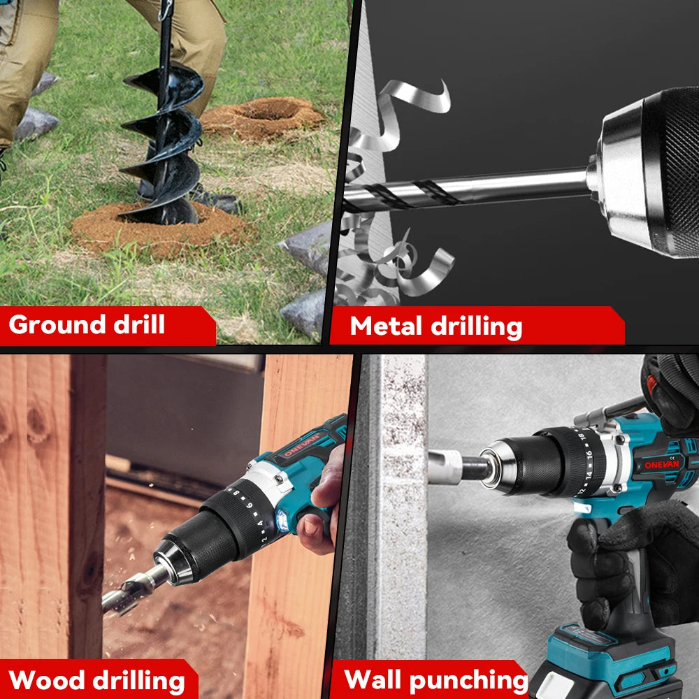 ONEVAN 13MM 650N.M Brushless Electric Impact Drill 20+3 Torque Electric Hammer Drill Power Tool For Makita 18V Battery Pin