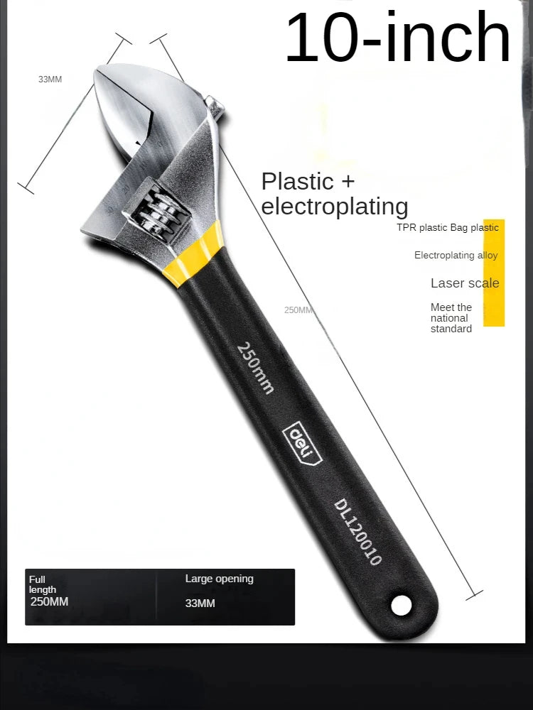 DELI Adjustable Wrench Universal Spanner Dip Plastic Carbon Steel Mechanical Workshop Hand Repair Tools Car Bicycle Wrench