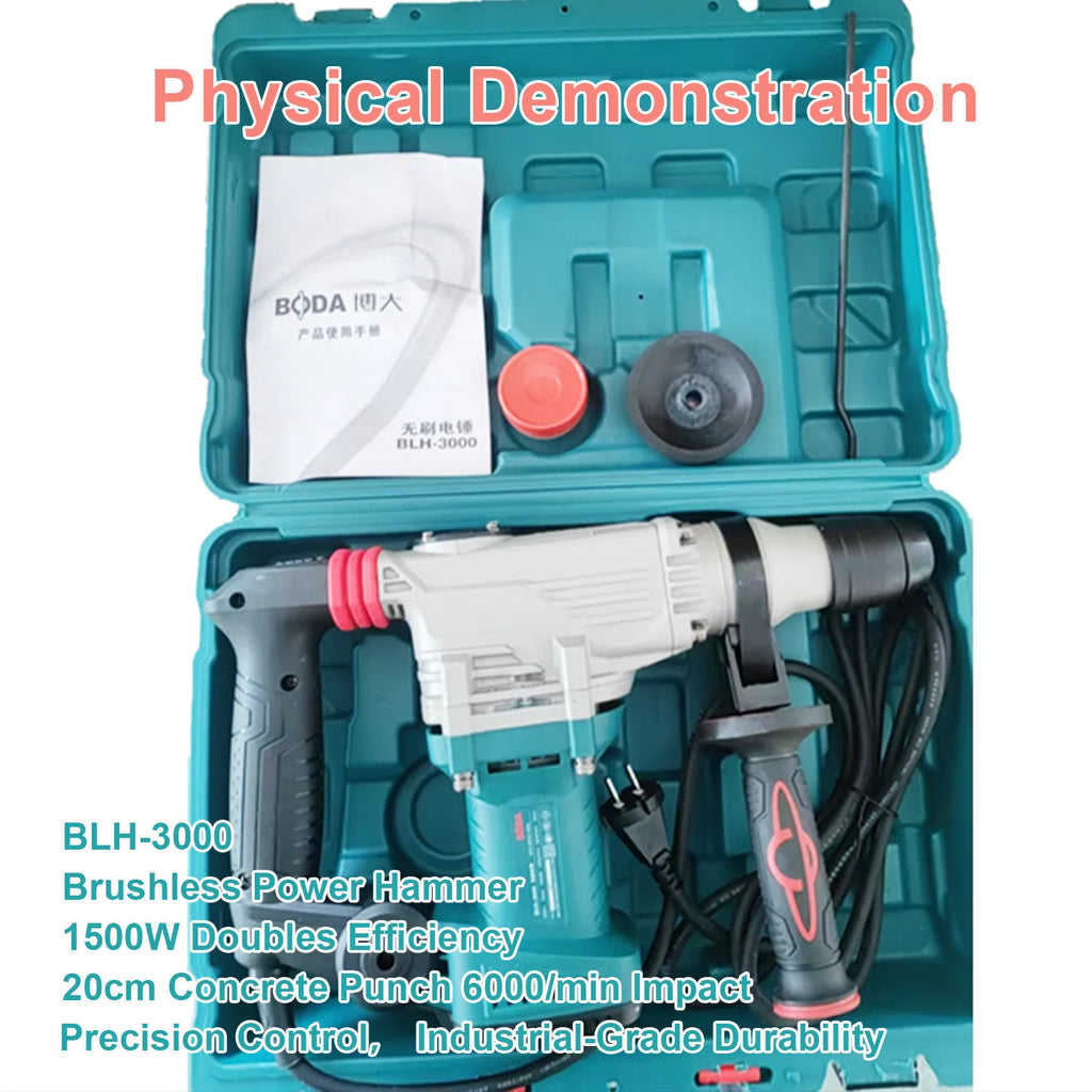 BODA 1500W Brushless Power Hammer 6000RPM Impact For Concrete Brick Steel 30mm Cylinder 0.1s Smart Clutch Vibration Control