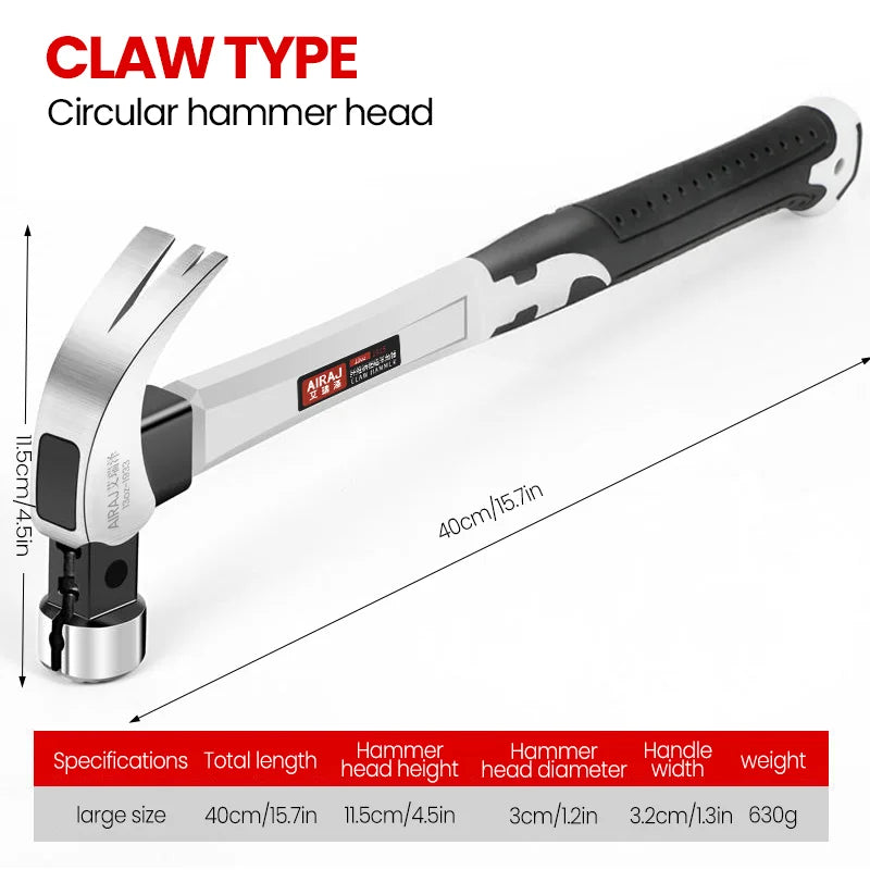 AIRAJ Short/Long Handle Claw Hammer Double Nail High Carbon Steel Household Durable Anti Slip Industrial Grade Hand Tool