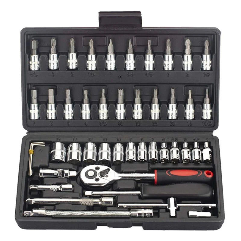 FOCSE 46 Pieces 1/4 Inch Drive Socket Ratchet Wrench Set, With Bit Socket Set, Metric And Extension Bar For Auto Repairing