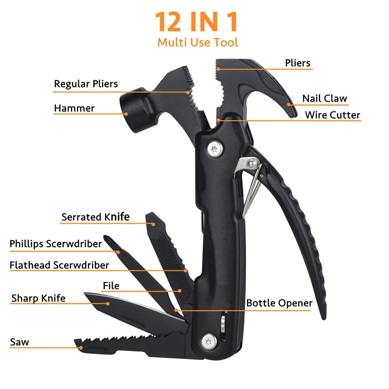 Unique Birthday Gifts for Men, Christmas Gifts, Father's Day Gifts, Camping Gear, 12-in-1 Multi-Functional Tool Hammer.
