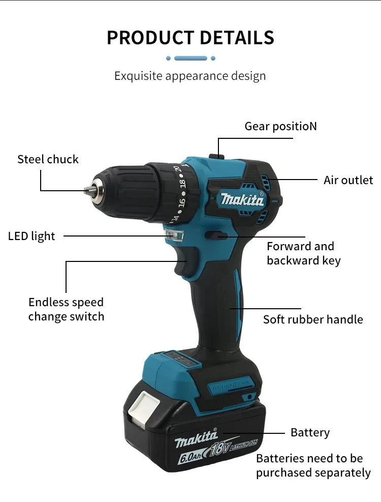 🔋🔋Original Makita DDF487 Cordless Driver Drill Brushless Electric Impact Screwdriver Rechargeable Power Tool 18V With battery