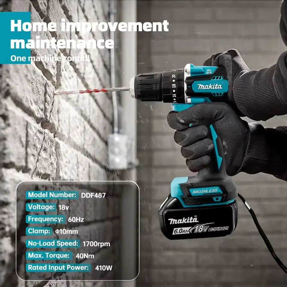 100%Original Makita DDF487 Cordless Driver. Drill Brushless Electric Impact Screwdriver Rechargeable Power Tool 18V With battery