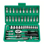 FOCSE 46 Pieces 1/4 Inch Drive Socket Ratchet Wrench Set, With Bit Socket Set, Metric And Extension Bar For Auto Repairing