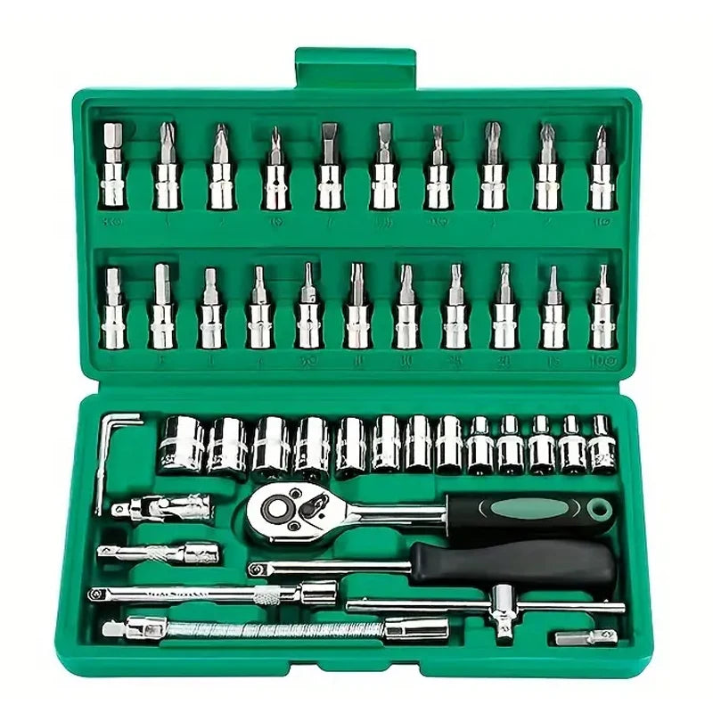 FOCSE 46 Pieces 1/4 Inch Drive Socket Ratchet Wrench Set, With Bit Socket Set, Metric And Extension Bar For Auto Repairing