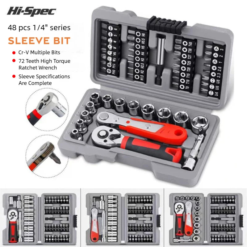13-48pcs Socket Set Wrench Auto Repair Tool Mixed Tool Set Hand Tool Kit with Plastic Toolbox Storage Case for Home Garage