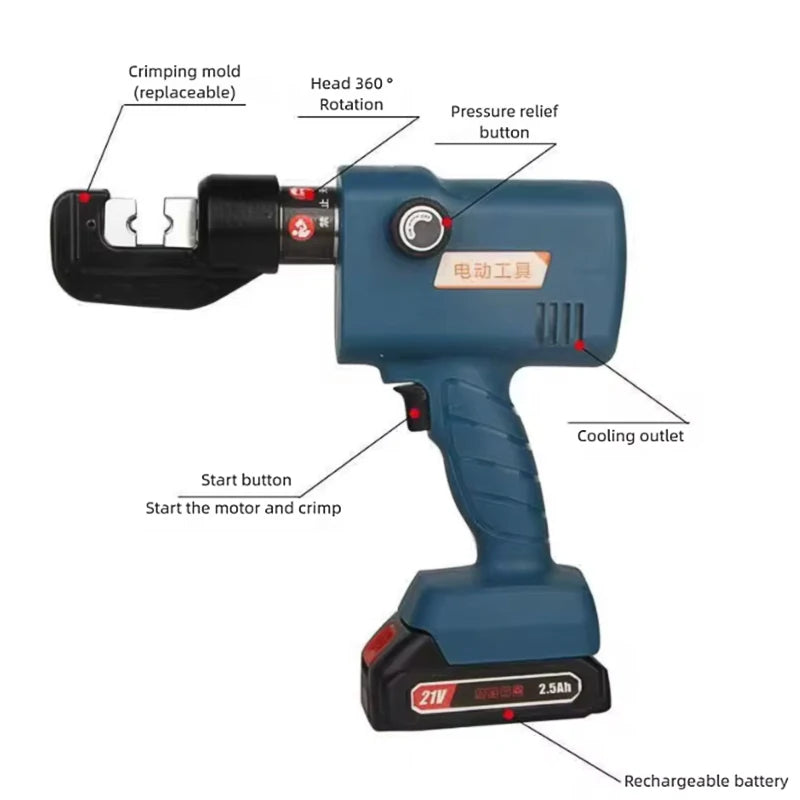 4-70mm Hydraulic Terminal Crimping Tool Electrician Pliers Style, Powered by Lithium-Aluminum Battery