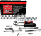 FOCSE 46 Pieces 1/4 Inch Drive Socket Ratchet Wrench Set, With Bit Socket Set, Metric And Extension Bar For Auto Repairing