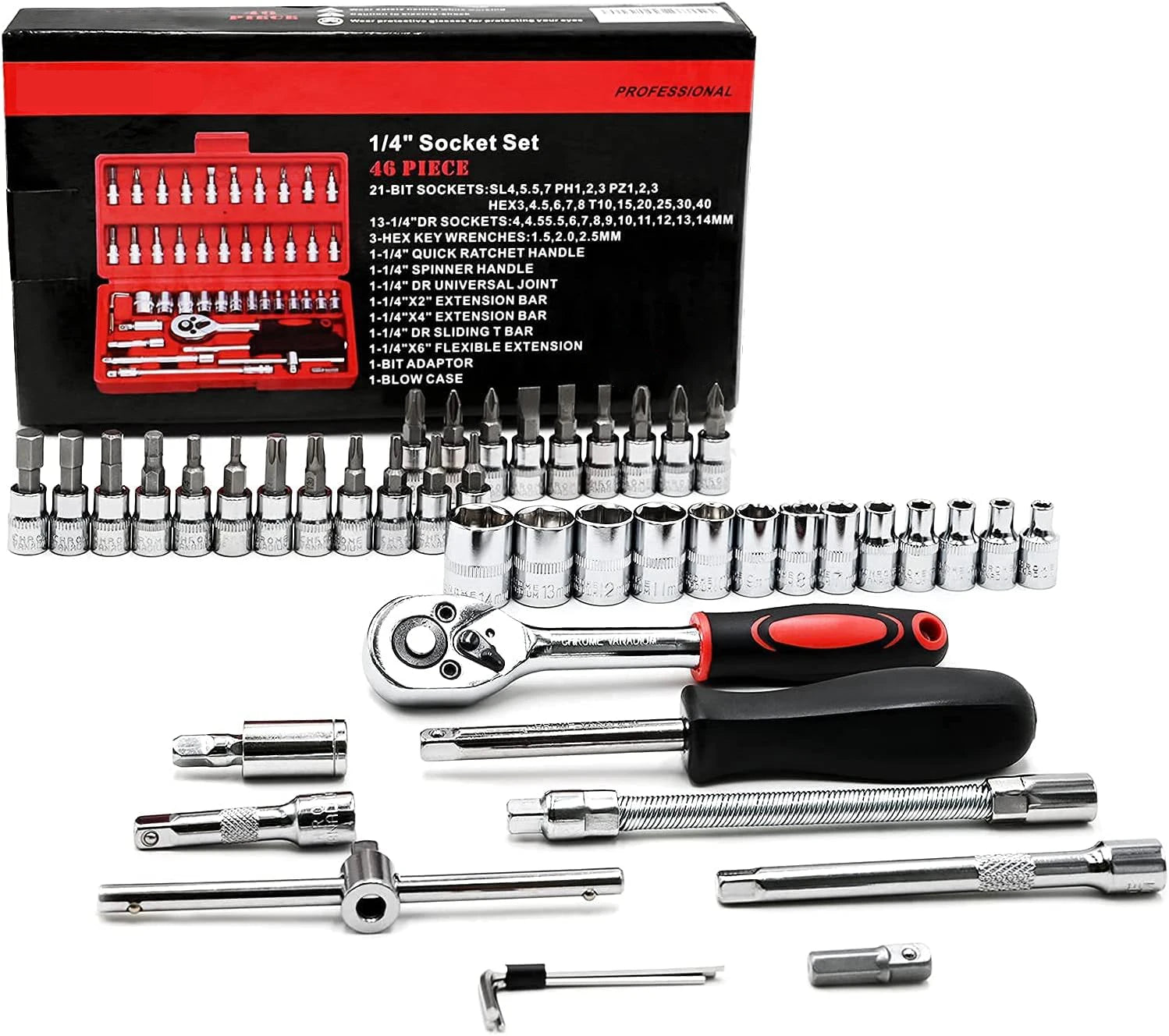 FOCSE 46 Pieces 1/4 Inch Drive Socket Ratchet Wrench Set, With Bit Socket Set, Metric And Extension Bar For Auto Repairing