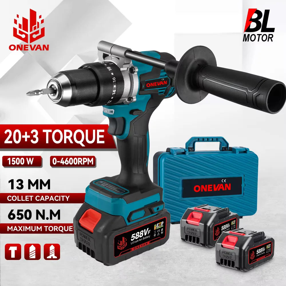 ONEVAN 13MM 650N.M Brushless Electric Impact Drill 20+3 Torque Electric Hammer Drill Power Tool For Makita 18V Battery Pin