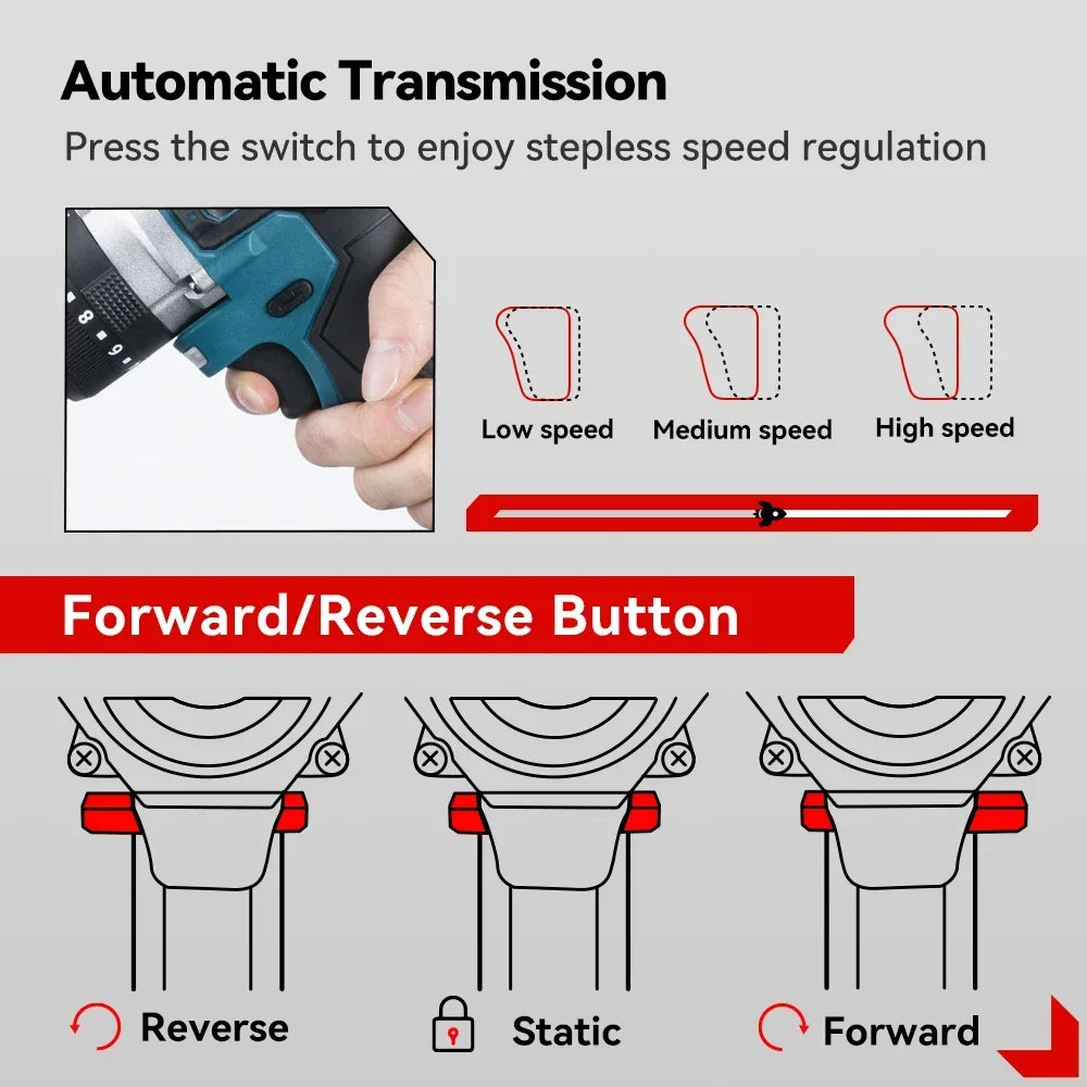 ONEVAN 13MM 650N.M Brushless Electric Impact Drill 20+3 Torque Electric Hammer Drill Power Tool For Makita 18V Battery Pin
