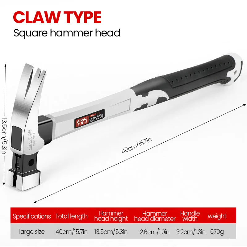 AIRAJ Short/Long Handle Claw Hammer Double Nail High Carbon Steel Household Durable Anti Slip Industrial Grade Hand Tool
