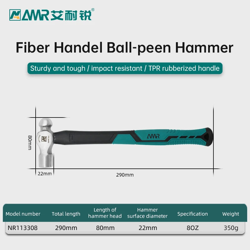 AMR Ball Peen Hammer Forged Fine Grain Steel Head  Ergonomic Rubber Cusion Grip Fiber Glass Shock Absorbing  Blacksmith Hammer