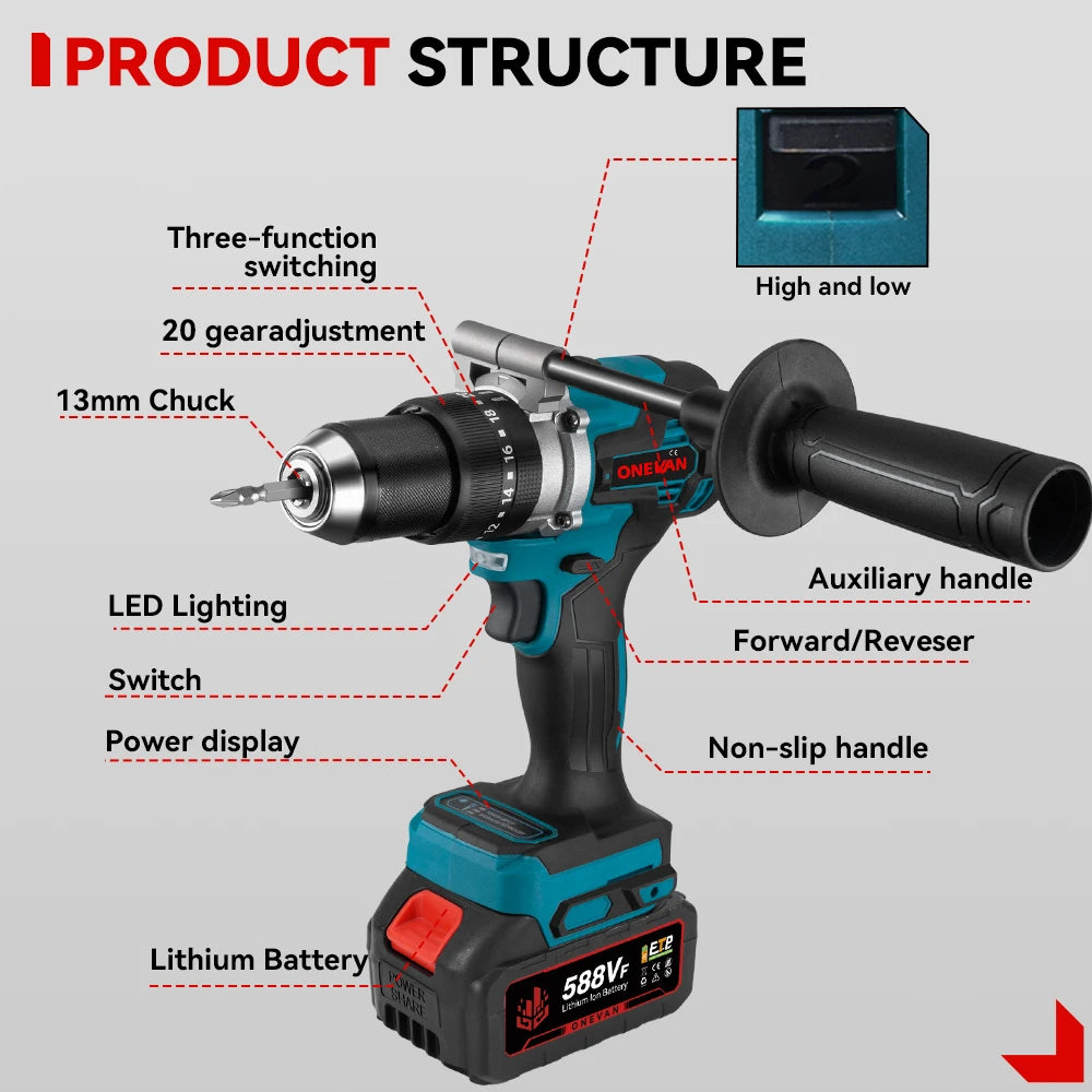 ONEVAN 13MM 650N.M Brushless Electric Impact Drill 20+3 Torque Electric Hammer Drill Power Tool For Makita 18V Battery Pin