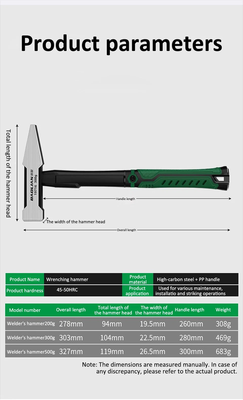 1Pc Flat Head Hammer High-carbon Steel Fitter Hammer 200G/300G/500G Plastic Coated Duckbill Hammer Hardware Tools Building Decor