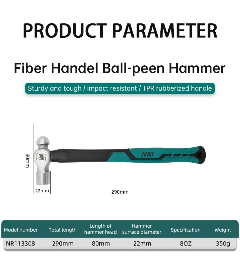 AMR Ball Peen Hammer Forged Fine Grain Steel Head  Ergonomic Rubber Cusion Grip Fiber Glass Shock Absorbing  Blacksmith Hammer