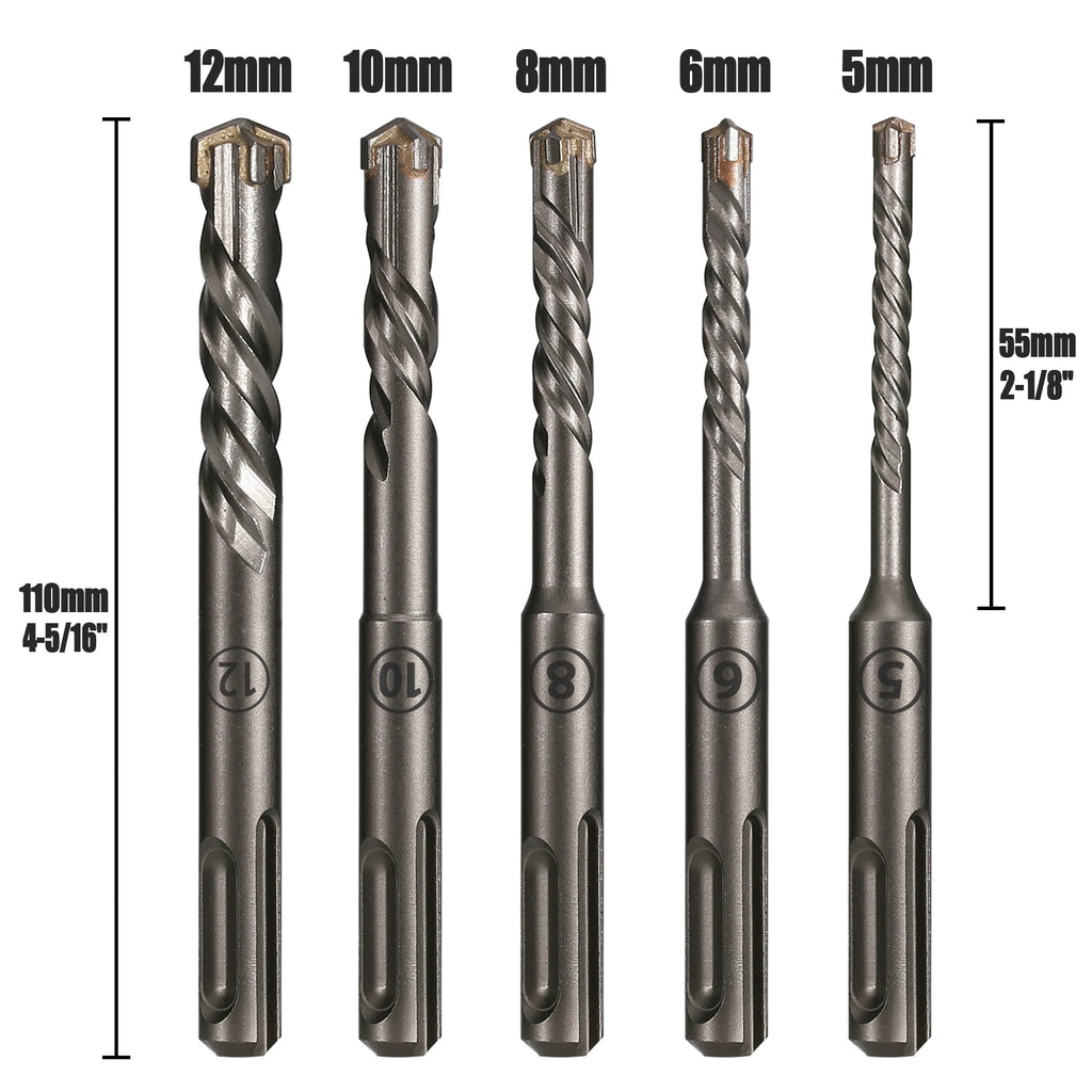 5Pcs/Set SDS PLUS Shank 5/6/8/10/12mm Concrete Impact Hammer Masonry Carbide Drill Bit 110mm Length For Cement Brick Block Wall
