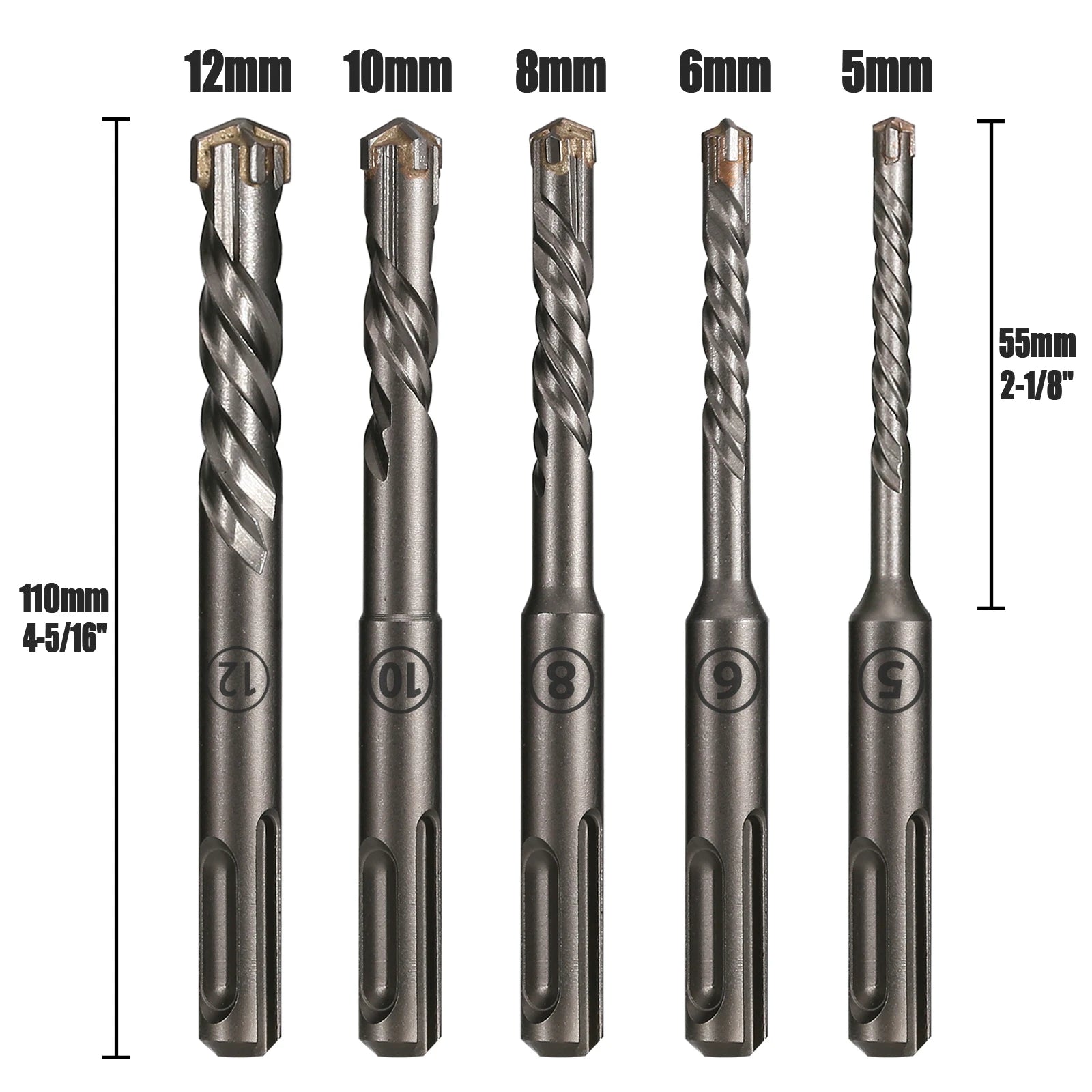 5Pcs/Set SDS PLUS Shank 5/6/8/10/12mm Concrete Impact Hammer Masonry Carbide Drill Bit 110mm Length For Cement Brick Block Wall