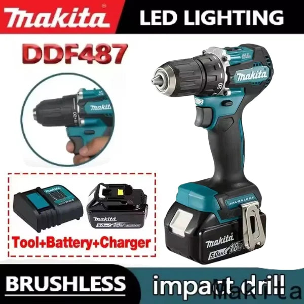Makita Original. DDF487 Cordless Driver Drill Brushless Electric Impact Screwdriver Rechargeable Power Tool 18V