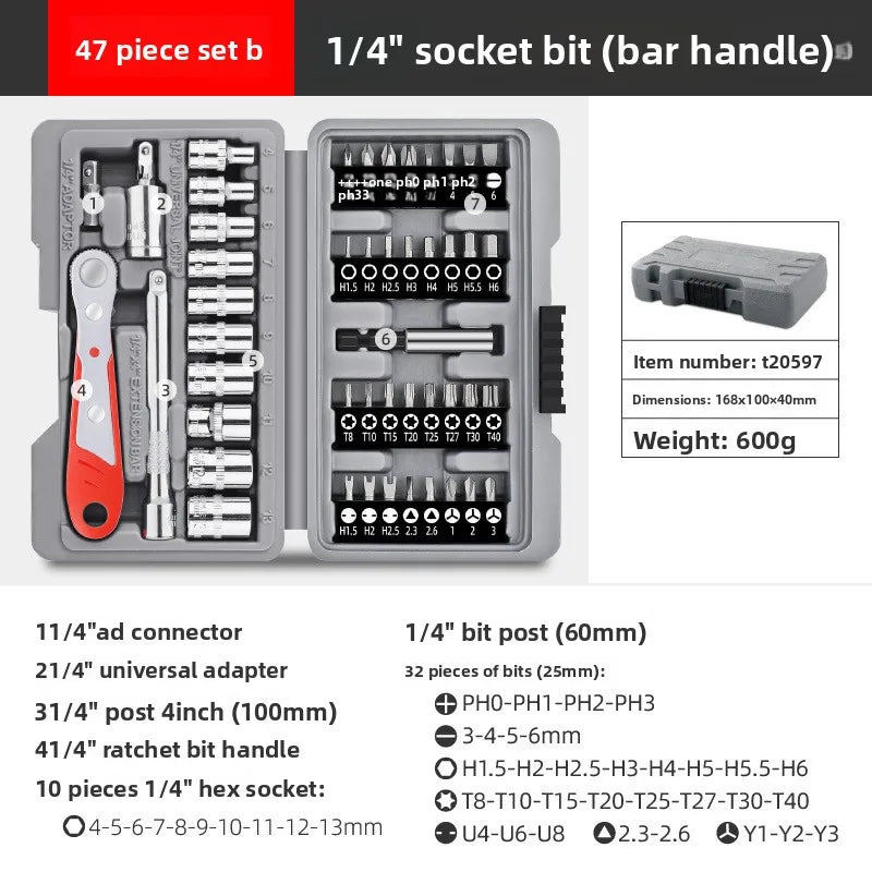 13-48pcs Socket Set Wrench Auto Repair Tool Mixed Tool Set Hand Tool Kit with Plastic Toolbox Storage Case for Home Garage