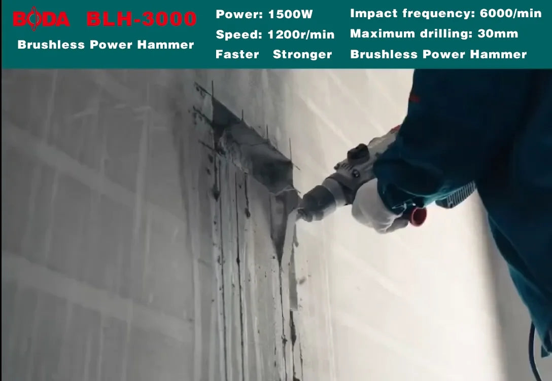 BODA 1500W Brushless Power Hammer 6000RPM Impact For Concrete Brick Steel 30mm Cylinder 0.1s Smart Clutch Vibration Control