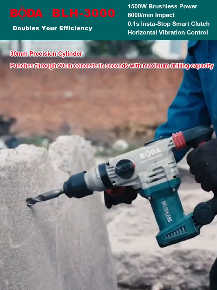 BODA 1500W Brushless Power Hammer 6000RPM Impact For Concrete Brick Steel 30mm Cylinder 0.1s Smart Clutch Vibration Control