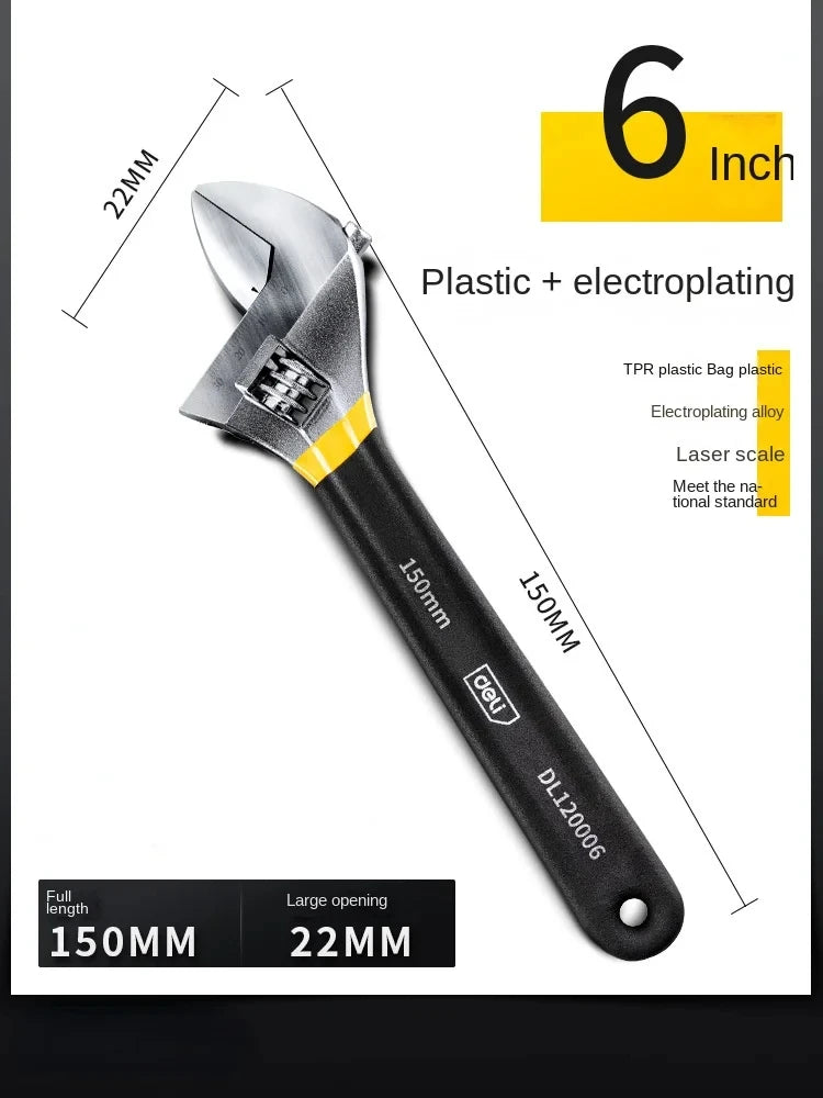 DELI Adjustable Wrench Universal Spanner Dip Plastic Carbon Steel Mechanical Workshop Hand Repair Tools Car Bicycle Wrench
