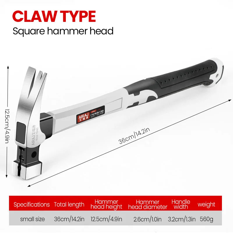 AIRAJ Short/Long Handle Claw Hammer Double Nail High Carbon Steel Household Durable Anti Slip Industrial Grade Hand Tool