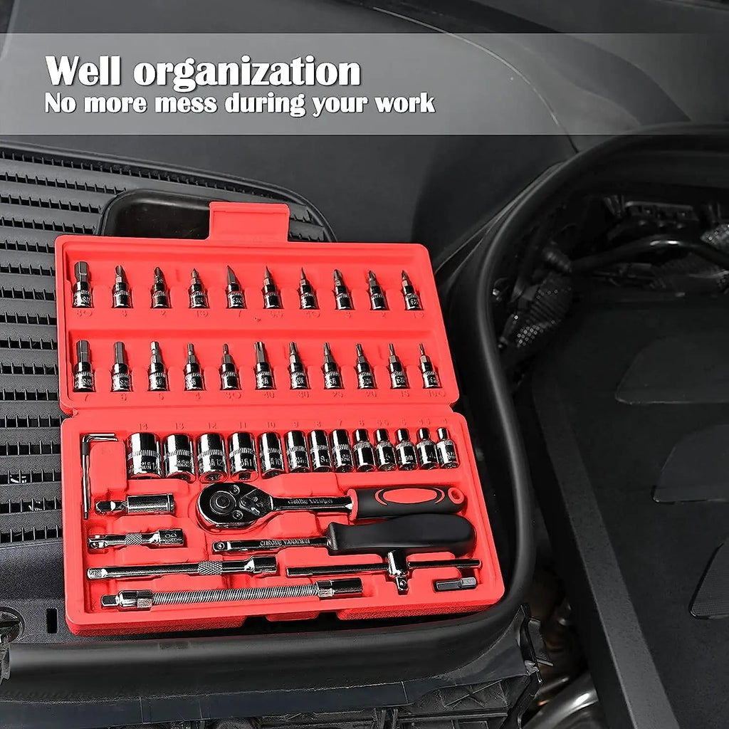 FOCSE 46 Pieces 1/4 Inch Drive Socket Ratchet Wrench Set, With Bit Socket Set, Metric And Extension Bar For Auto Repairing