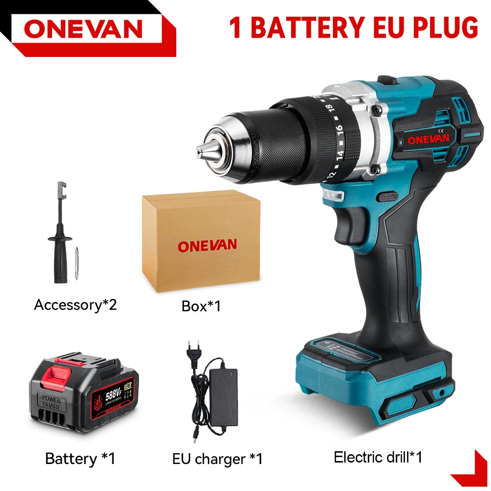 ONEVAN 13MM 650N.M Brushless Electric Impact Drill 20+3 Torque Electric Hammer Drill Power Tool For Makita 18V Battery Pin