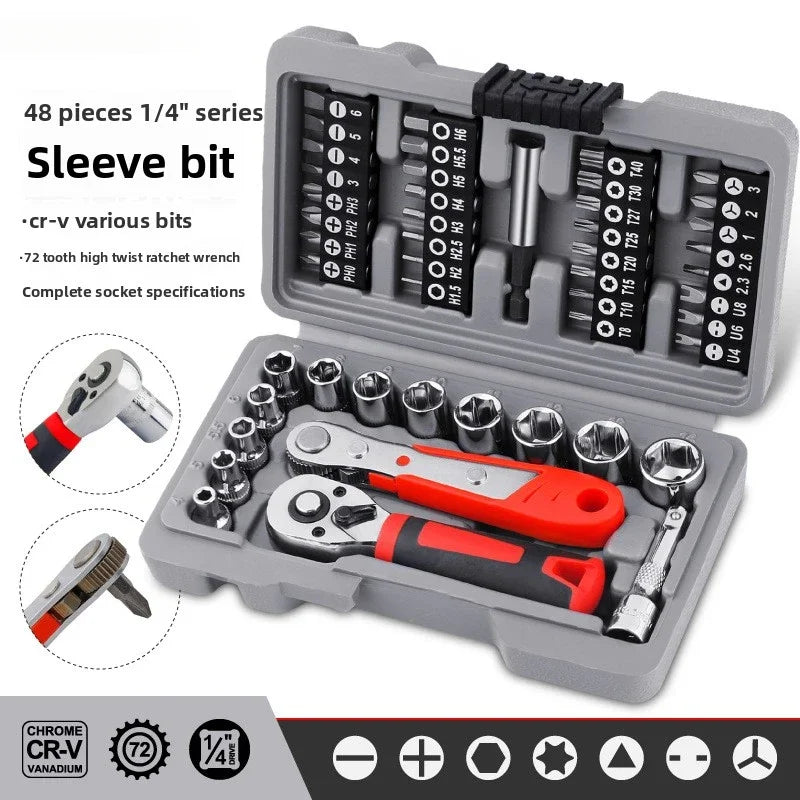 13-48pcs Socket Set Wrench Auto Repair Tool Mixed Tool Set Hand Tool Kit with Plastic Toolbox Storage Case for Home Garage