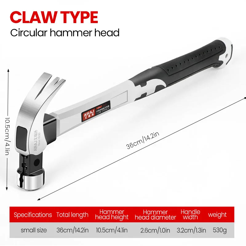 AIRAJ Short/Long Handle Claw Hammer Double Nail High Carbon Steel Household Durable Anti Slip Industrial Grade Hand Tool