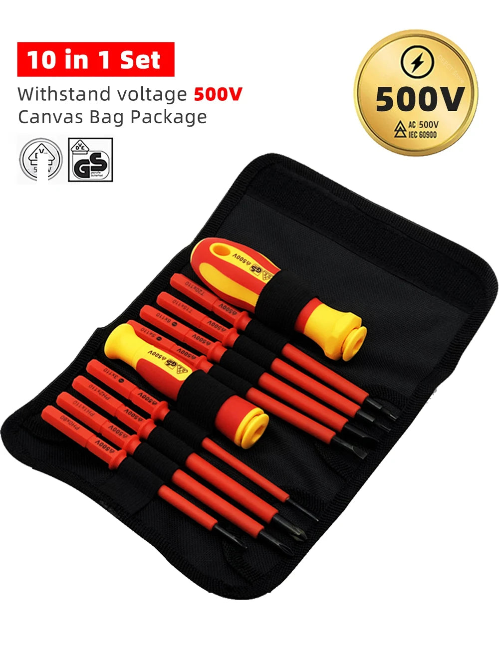 10Pcs Interchangeable Blade VDE Insulated Screwdriver Set with Case Magnetic 500V Home and Professional Use Electricians Tools
