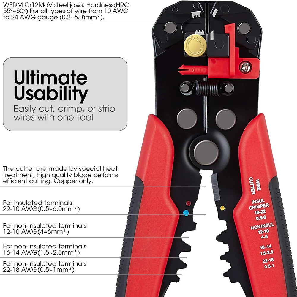 3 in 1 Self-Adjusting Wire Stripper Cutter,Crimping Tool Wire Pliers for Wire Stripping, Cutting,Crimping 10-24 AWG (0.2-6.0mm²