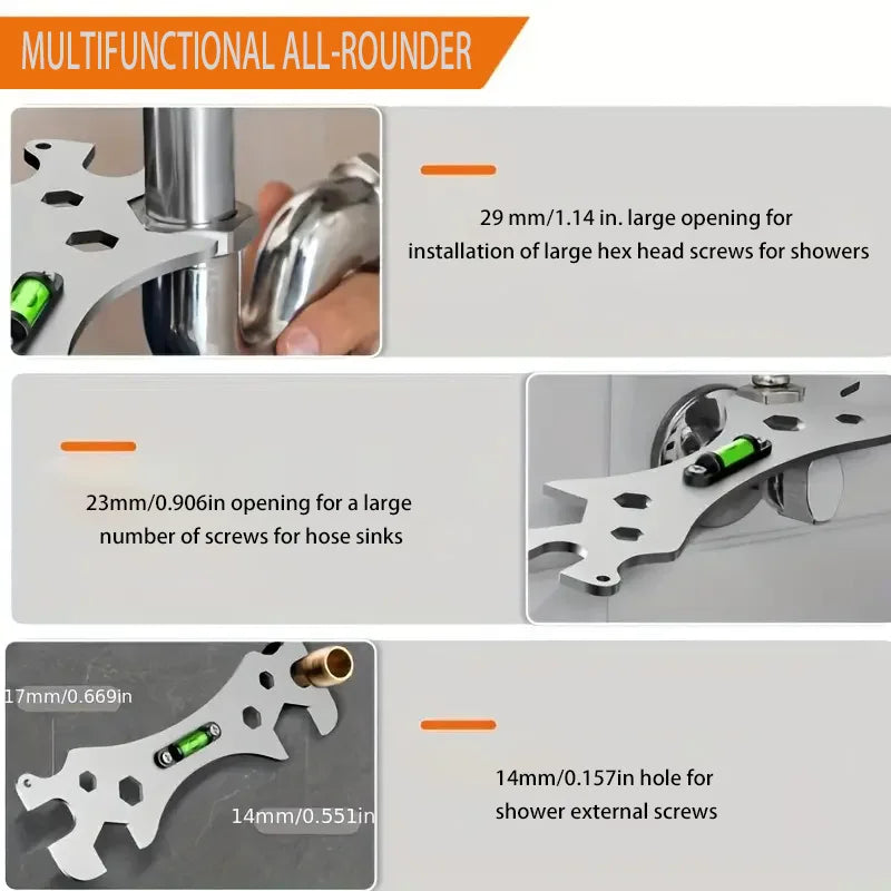 Multifunctional Stainless Steel Bathroom Wrench Tool Shower Installation Hexagonal Level Faucet  Angle Ruler Distance  Measuring