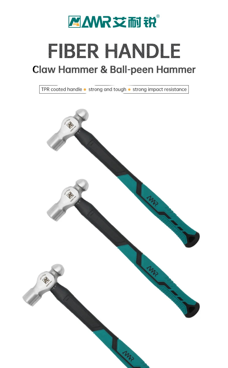 AMR Ball Peen Hammer Forged Fine Grain Steel Head  Ergonomic Rubber Cusion Grip Fiber Glass Shock Absorbing  Blacksmith Hammer