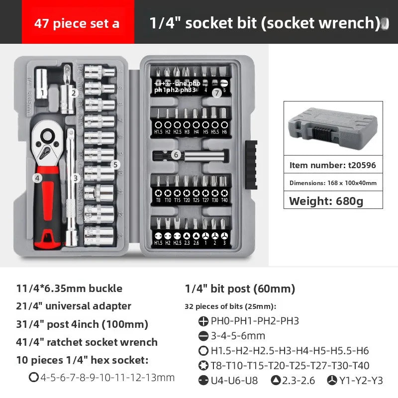 13-48pcs Socket Set Wrench Auto Repair Tool Mixed Tool Set Hand Tool Kit with Plastic Toolbox Storage Case for Home Garage