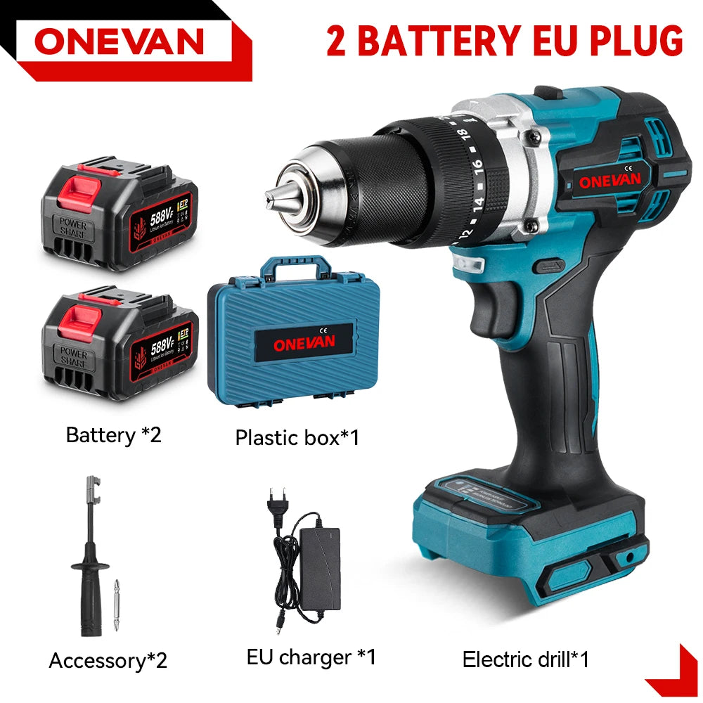 ONEVAN 13MM 650N.M Brushless Electric Impact Drill 20+3 Torque Electric Hammer Drill Power Tool For Makita 18V Battery Pin