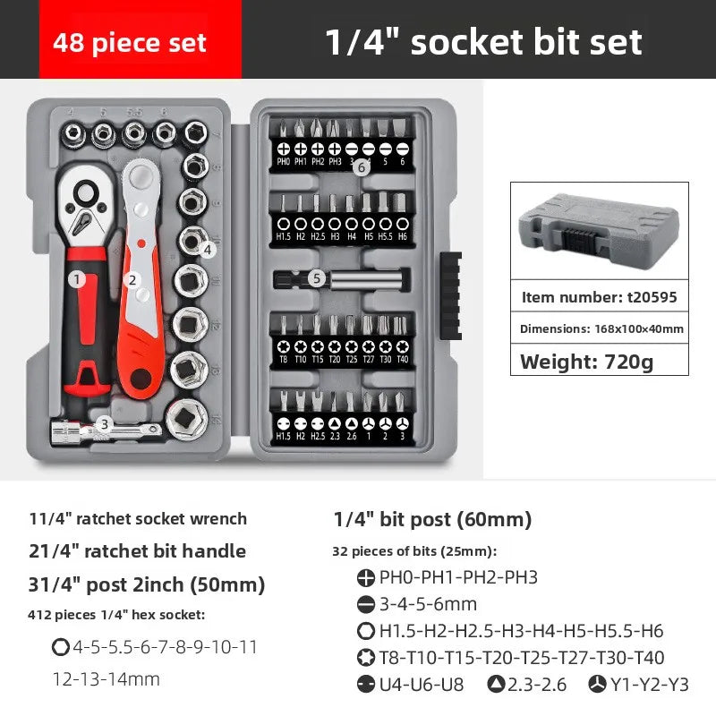 13-48pcs Socket Set Wrench Auto Repair Tool Mixed Tool Set Hand Tool Kit with Plastic Toolbox Storage Case for Home Garage